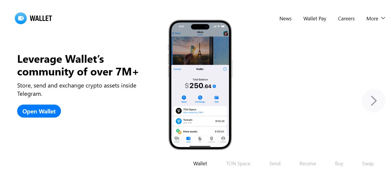 An illustration of the Telegram cryptocurrency wallet interface showing the balance, transaction history, and options for sending or receiving digital currencies. The wallet is integrated within the Telegram messaging app, featuring clean, modern design elements with icons for wallet actions and notifications.